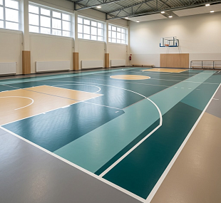 Монтаж спортивного линолеума с дизайном